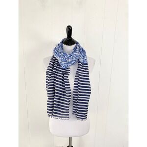 J.McLaughlin Blue White Mixed Print Wool Scarf Paisley Stripe Fringe Wrap‎